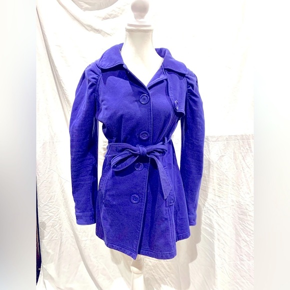 Y2K Women’s Large Soft Cotton Trench Coat Purple Belted Jacket puffy sleeve Sexy - Picture 1 of 7